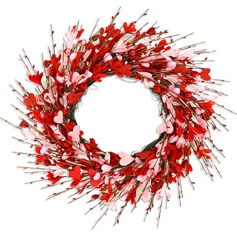 AMF0RESJ Valentine's Day Wreath for Front Door Valentine's Day Wreath with forsythia Flowers,Pink and red Hearts for Indoor Outdoor Wedding Anniversary Party Home Wall Window Festival Decoration Cover