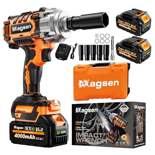 MAGSEN 1000N.m/737Ft-lbs Brushless Impact Wrench,1/2' Cordless Impact Gun / 2x4.0Ah Battery & 6...