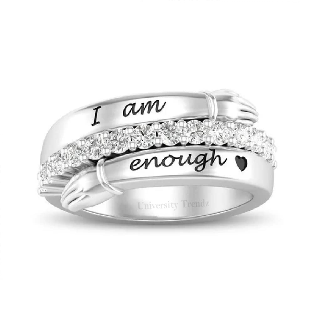 University Trendz I Am Enough Silver CZ Hug Ring for Women - Closed Hand Adjustable Ring for Girls