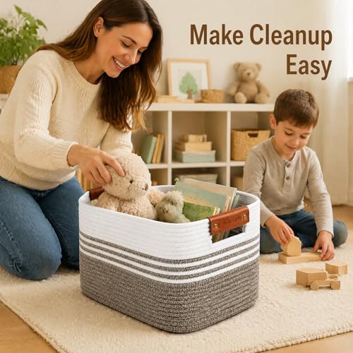 Image of Cotton Rope Laundry Basket Medium, 15.4GAL Collapsible Woven Storage Baskets for Living Room Kids Toys Stuffed Animal,Boho Rectangular Decorative Short Hamper for Dirty Clothes, Blankets Dark Brown