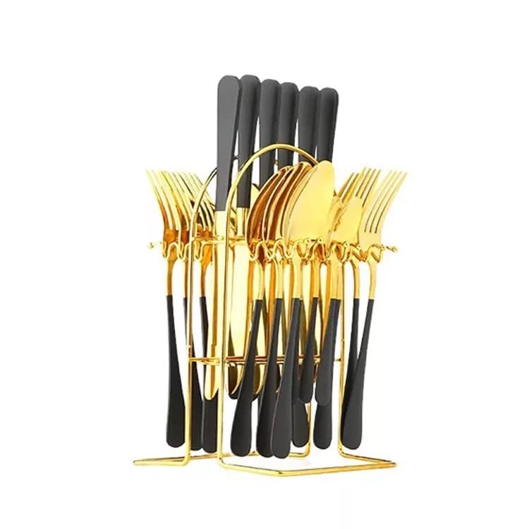 CherryBox Spoon Fork & Knife Set – Cutlery Set with Stand Mirror Polish Colour Handle- Gold Plated | Stainless Steel – 24 Pcs (Black)