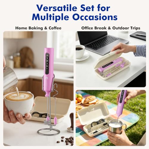 Image of Rechargeable Milk Frother with Stand, 4 Interchangeable Whisks & Travel Case - Handheld Mixer for Lattes, Matcha, Hot Chocolate, Eggs & Protein Shakes