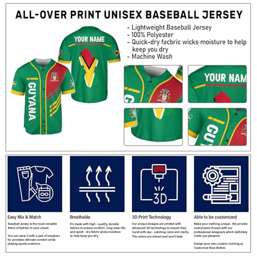 Custom Guyana Baseball Jersey Personalized Guyana Flag Pride Baseball Jersey Guyanese Guyana Flag Jersey Guyana miniatura 6