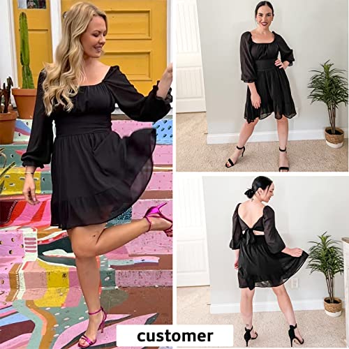 EXLURA Women's 2025 Casual Long Lantern Sleeve Dresses Square Neck Ruffle Tie Back Elastic Waist Aline Short Mini Dress3