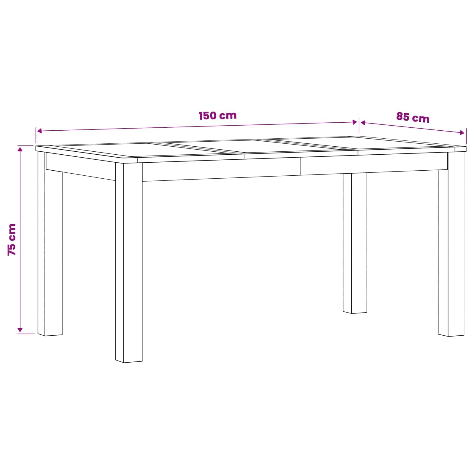 Table à manger 150 x 85 x 75 cm en bois massif chêne naturel avec pieds