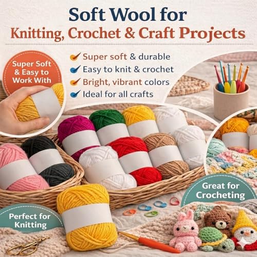 Image of 12 Pcs Multicolor Knitting Oon Yarn Set for Crochet & Craft Projects Soft Acrylic Wool Thread Bundle Assorted Bright Colors for DIY Knitting Weaving Embroidery Pom Pom Making