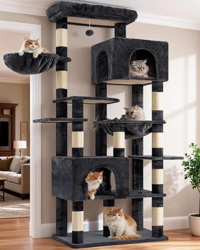 Heybly Arbre à Chat XXL 193cm, Base Extra Large, Tour Lourde avec 10 Poteaux en Sisal et 2 Hamacs...