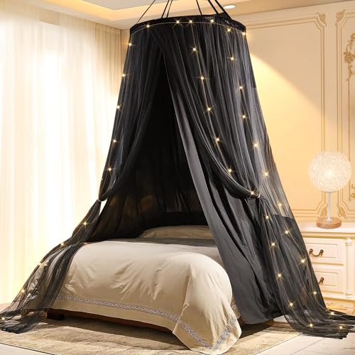 Princess Bed Canopy for Girls & Adults, Double Layer Canopy Bed Curtain, Round Dome Mosquito Net for Bed Decoration (Round Dome Black)