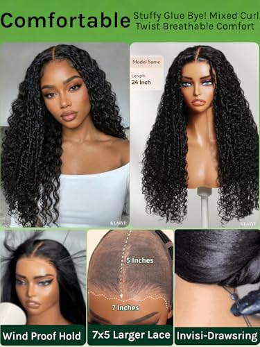Image of KLAIYI Bye Bye Slip Precut 7x5Glueless Water Wave with Burmese Curls Mix Twist Finger Colis HD Lace Front Human Hair Wig Drawstring Pre Plucked Bleached Knots 30S Ready to Wear and Go Wig 150% 24Inch