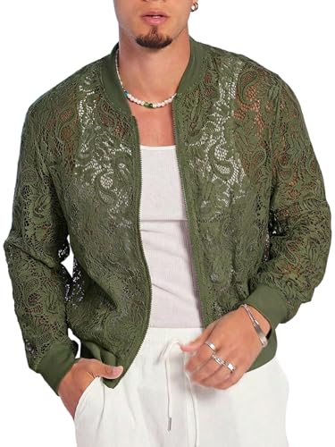 Image of WDIRARA Men's Floral Lace Bomber Jackets Long Sleeve See Through Outerwear | Zip Up Coats, Sexy, Sheer, Party, Concert Outfit
