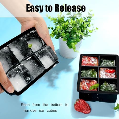 Image of 1PECK Large Ice Cube Tray for Whiskey, 6 Grid Big Silicone Square Ice Cube Mold with Removable Lid, Huge Square Ice Cubed Tray for Whisky and Cocktail (Black)
