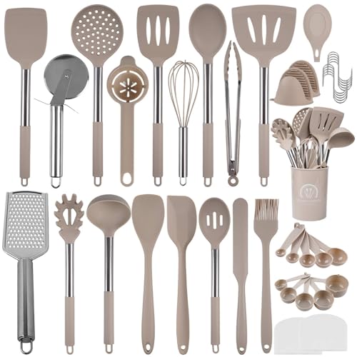 Küchenhelfer Set, Silikon Küchenhelfer 45-teilig, Spülmaschinenfest, Kochutensilien Set mit Utensilienhalter, Antihaft Hitzebeständiger Küchenset, Ideal als Geschenk (Hellbraun)