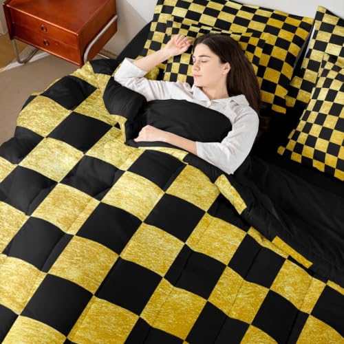 Image of Checkered Retro Comforter Set With Sheets 7 Piece Twin Size Golden Black Plaid Bed in a Bag Kids Boys Girls Geometric Vintage Bedding Set Modern Simple Groovy Aesthetic Bedroom Decor Breathable Soft