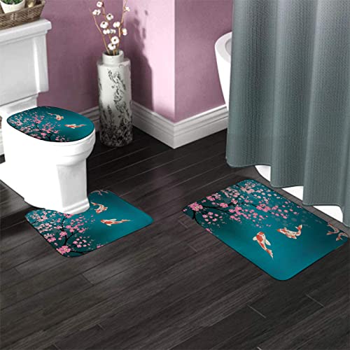 Badezimmerteppich-Set, 3-teilig, Florale Kirschblüten-Blumen, Koi-Fische, waschbare Badteppiche, rutschfest, mit Rückenpolster, Konturteppich und Toilettendeckelbezug – Bild 4