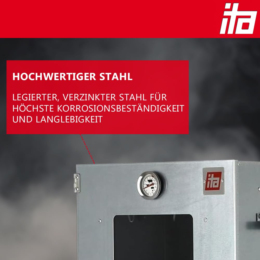 ITA Räucherofen 7000 - Premium Räucherschrank mit 3 Etagen - Legierter Stahl, mit Sichtfenster & Thermometer - EU Qualität Direkt vom Hersteller - Smoker zum Kalträuchern & Heißräuchern