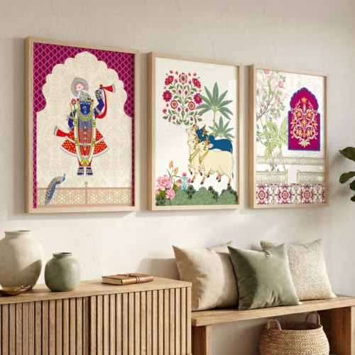 Image of kotart Art Wall Painting | Indian Traditional Madhubani Paintings Home Decoration With Frame For Living Room Bed Room Hotel Wall Decor Digital Reprint Set of 3 (35x37 Inch)