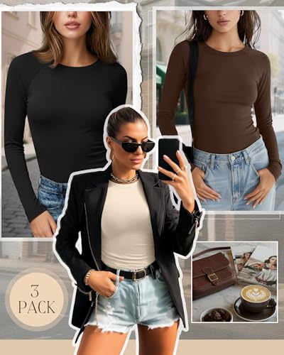 3 Pack Women's Long Sleeve Shirts, Raglan Crew Neck Tops Slim Basic Cotton Tees Solid Casual Trendy Shirts2