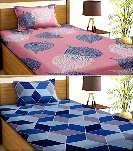 BSB HOME Glace Cotton Floral 160 TC 2 Single Bedsheets Coat Bed with 2 Pillow Covers (Pink & Blue, 4X6 feet) - Combo Pack of 2