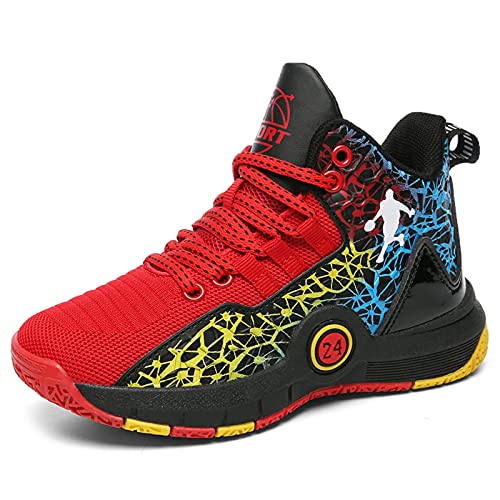 Fashion Anti Slip Wear Resistant High top Children's Sports Basketball Shoe Black Red