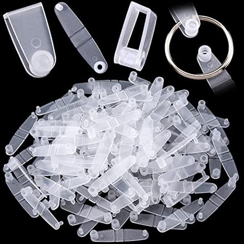 OIIKI 100Pcs Plastic Keychain Clips, Clear Acrylic Keychain Connector Snap Tabs, Card Holder for Keys Rings Office Credit Card Crafts Jewelry Making Bulk Cover