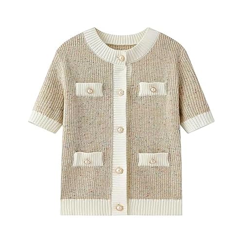 Women's Short Sleeve Button Down Cardigans Sweater Crew Neck Open Front Cardigans Elegant Tops Boucle Jackets Pink Medium