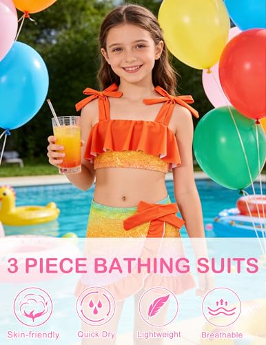Image of ALISISTER Girls Swimsuit 3 Piece Bathing Suits Flounce Bikini Tankini Set Beach Swimwear with Cover Ups Skirt for 3-8 Years