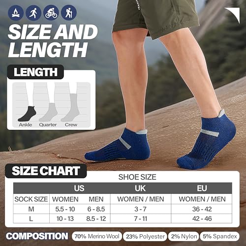 Image of 6 Pairs Merino Wool Ankle Running Hiking Socks Compression Support Breathable Thick Cushion No Show Socks for Women Men