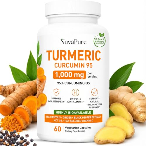 Nuvapure Turmeric Curcumin Supplement 1000mg - 95% Curcuminoids with Black Pepper & Ginger Daily Joint and Immune Health Support 60 Count (1pcs)