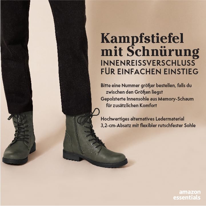 Amazon Essentials Damen Kampfstiefel mit Schnürung, Cognac, Größe 43