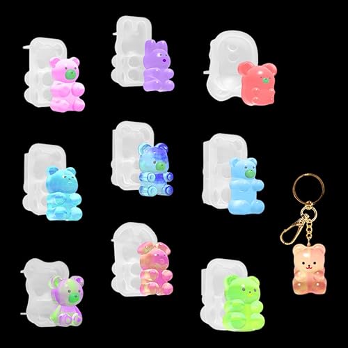 Miniatura 1 de 9 piezas de molde de silicona para llavero de oso, moldes de resina para llavero 3D, juego de moldes de resina epoxi con agujero, moldes de