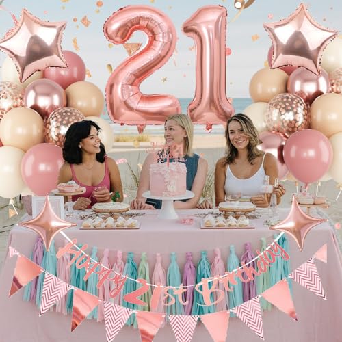 Image of Jobkoo 21st Birthday Decorations for Her, Retro Pink Nude Number 21 Balloon Set Happy 21st Birthday Banner Cake Topper Dusty Pink Beige Rosegold Star Balloons for Women 21 Year Old Bday Party Decor