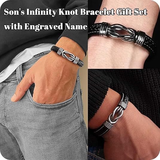 To My Son Grandson Bracelet, Infinity Knot Love You Forever Linked Together Handmade Leather Bracelets Mens Birthday Weave Gift Jewelry - Image 3