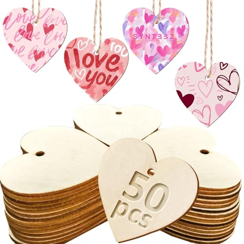 MEMOVAN 2 Wood Heart Cutouts 50PCS Natural Heart Wood Slices DIY Heart Wooden Ornaments Embellishments Blank Heart Slice with Rope Wooden Hearts for Crafts Valentine Wedding Thanksgiving Birthday