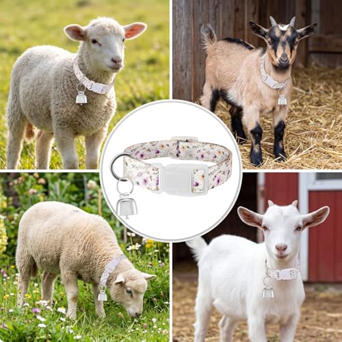 Image of Goat Collar with Bell, Sheep Grazing Copper Bells and Adjustable Nylon Collar Set Loud Bronze Bell for Summer Small Farm Animal Sheep Cow Dog Accessories Gift(Wildflower)