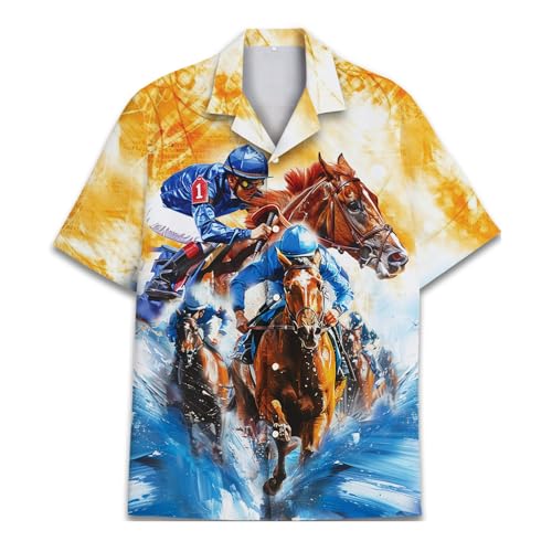 Vintage Version Camisa hawaiana colorida de bolos para hombres y mujeres, camisa hawaiana informal de manga corta con botones para adultos, Carreras de caballos 1, M