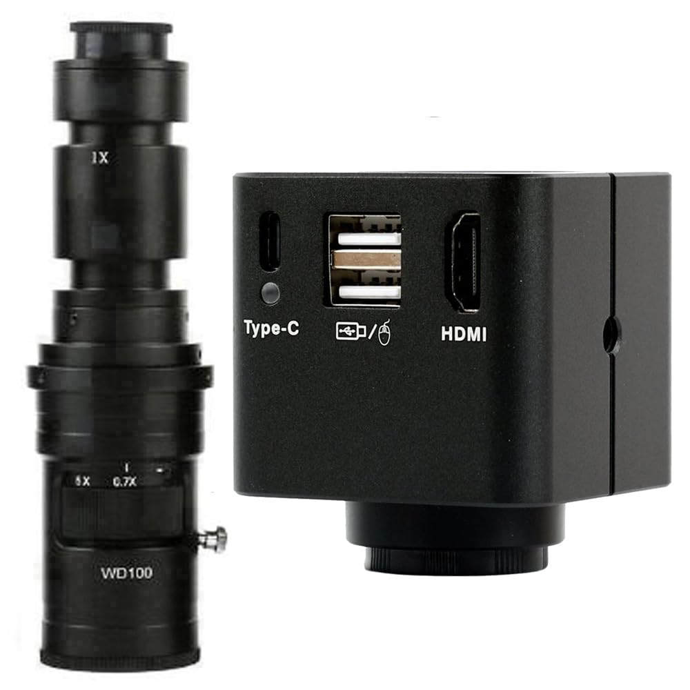 1080p HDMI Tipo-C PC Microscopio Industrial Medición de la cámara U Disk Video Recorder y lente de montura C 500X para PCB Mobile Repair Soldering-Negro