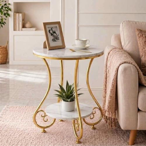 Image of CARTADEN 2 Tier End Table in Living Room, Industrial Style Round Bedside Table with Storage, Small Outdoor Coffee Table for Bedroom Balcony Patio