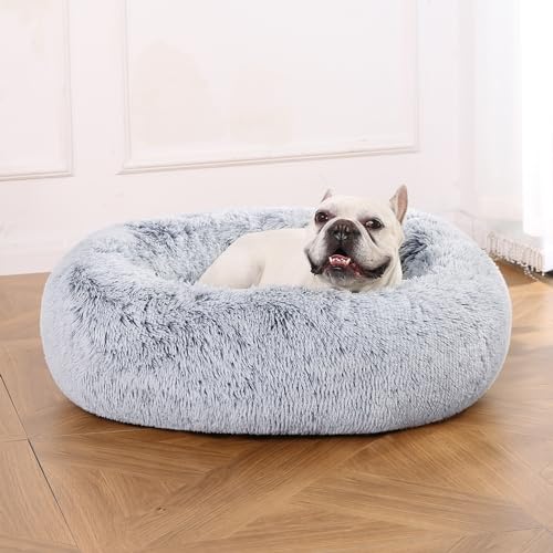 Amazon Basics Weich Haustierbett für Hund, Donut-Kissen, Kunstfell, Maschinenwaschbar, 76 cm, Grau