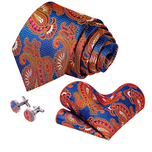 Image of 5PCS Mens Silk Tie, Pocket Square, Cufflinks, Drilled Tie Ring and Lapel Pin Set for Wedding Groom Party