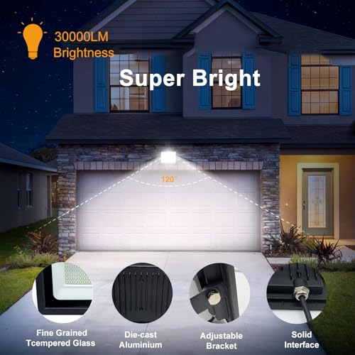 SWORDFORCE 300W LED Flood Light Outdoor, LED Work Light,Floodlight Fixture with Plug in IP66 Waterproof, 6500K 2Pack Security Light for Yard Garden Stadium Garage Playground by SWORDFORCE - Used condition - Image 4
