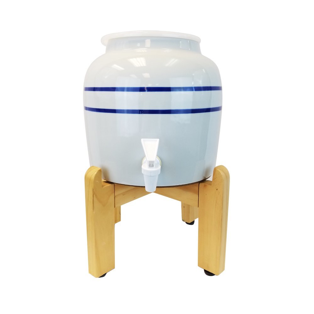 Buy Blue Stripe Porcelain Water Crock Dispenser with a Wood Stand Fits