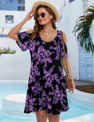 Image of JollieLovin Womens Plus Size Short Sleeve Cold Shoulder V Neck T-Shirt Dress with Pockets