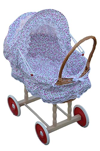 5665 Puppenwagen aus Weide und Holz Handarbeit m. Decke Kissen Cover