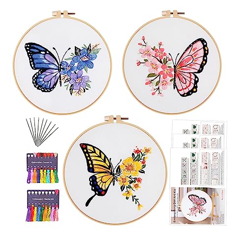 Image of GLTAYLMY 3 Sets Cross Stitch Kits with Beautiful Flower Pattern, Stamped Embroidery Kits with 3 Embroidery Clothes, Needles and Color Threads, 1 Embroidery Hoop