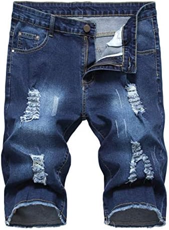 Sarriben Men's Casual Summer Distressed Button up Stretch Ripped Jeans Shorts with Repair Rips Dark Blue