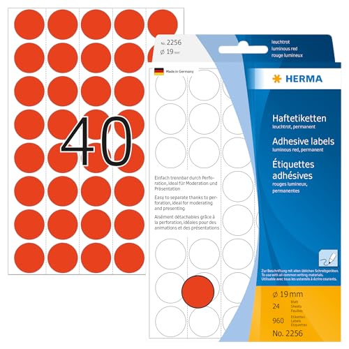 Herma 2256 - Etiquetas multiuso, diámetro 19 mm, redondo, papel mate, papel de soporte perforado, 960 unidades, color rojo luminoso