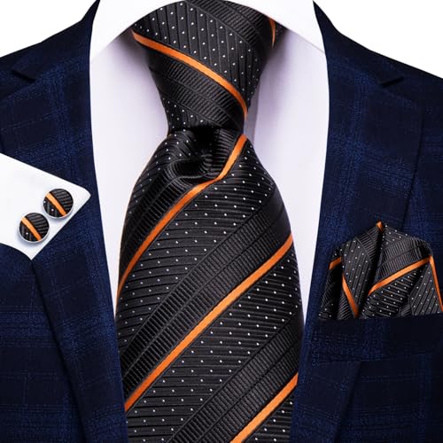 Image of Hi-Tie Men Ties Sets Silk Stripe Paisley Necktie Pocket Square Cufflinks for Business Wedding