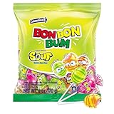 Colombina Bon Bon Bum Lollipops w/Bubble Gum Center, Assorted Sour Mix, Individually Wrapped, Ideal for Party Favors and Gifts, 1 Pack (10 Count)