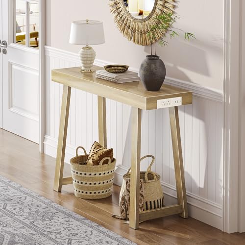 Huuger Entryway Console Table with Charging Station, USB-C Port, 39.4 Inch Sofa Table with Metal Legs, Entry Hallway Table with Thicker Desktop, Modern Behind Couch Table, Natural