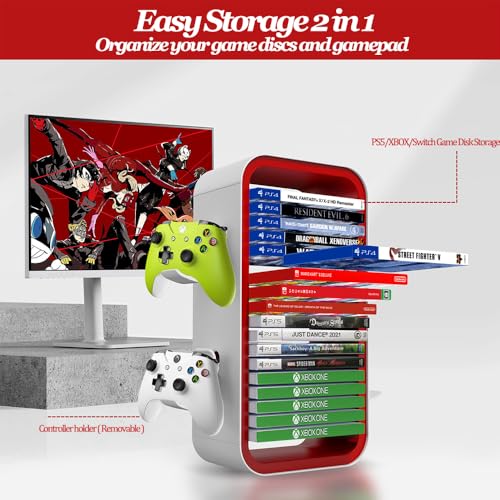 Image of Game Storage Tower Compatible with PS5 / Xbox Series S & X /Switch, Universal Game Ray Disks Organizer, Stores 18 Game, with 4 Controller Holders, Video Game Organizer, Red